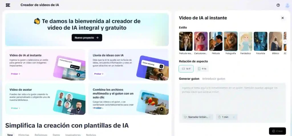 CapCut AI Crea videos al instante + Tutorial ilimitado y gratis + (2025) - Imagen 1 Captura de CapCut AI mostrando el logo, opciones de “Video de IA al instante”, estilos de video (Película, Caricatura, Fotografía, Fantástico, Futurista, Bíblico) y sección de generar guion con relación de aspecto 16:9 y 9:16