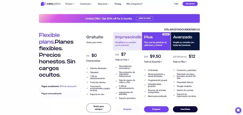 Tabla de precios de Carepatron mostrando los diferentes planes disponibles: Gratis, Pro y Empresa, con sus funciones y precios mensuales.