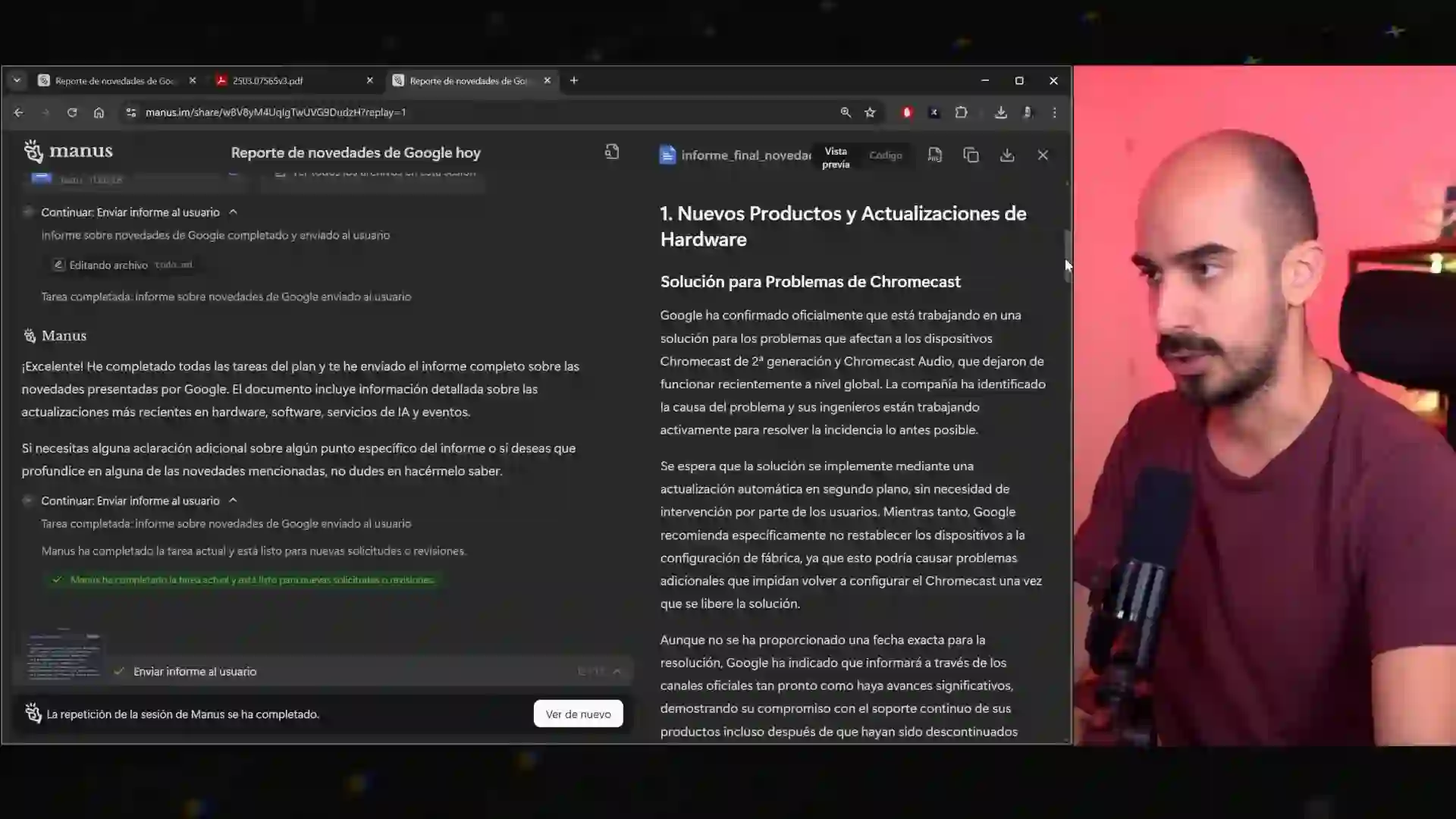 Prueba 2: Generación de Informes con Manu AI en 2025 Captura de pantalla de Manu AI generando informes automatizados con datos analizados en tiempo real.