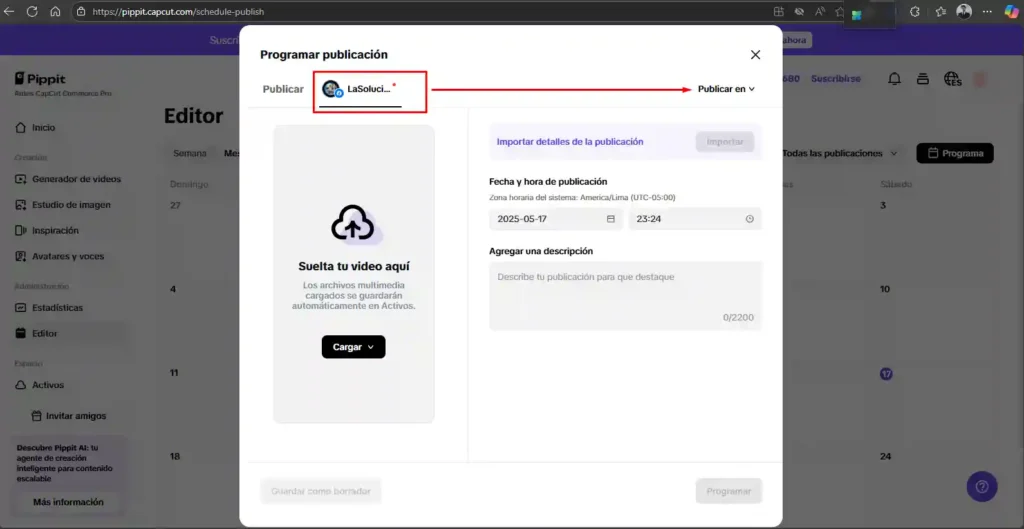¿Pippit AI MEJOR Editor de Video con IA? (Tutorial 2025) - Imagen 1 Interfaz de Pippit AI mostrando calendario de programación de publicaciones con ajustes de fecha y hora.