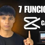 DilmerLoayza19 señalando el logo de CapCut sobre un fondo oscuro con el texto “7 FUNCIONES NUEVAS CAPCUT” y un portátil mostrando la interfaz de edición