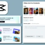 Captura de CapCut AI mostrando el logo, opciones de “Video de IA al instante”, estilos de video (Película, Caricatura, Fotografía, Fantástico, Futurista, Bíblico) y sección de generar guion con relación de aspecto 16:9 y 9:16.