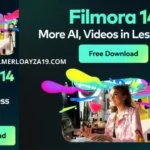 Publicidad de Filmora 14 con el eslogan "More AI, Videos in Less Clicks" y un botón verde de descarga gratuita, junto a una mujer editando videos rodeada de efectos de colores.
